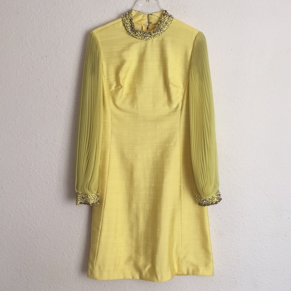 Vintage 1960s Mod Beaded Raw Silk Dress + Vest Duster Pleated Sleeves - Picture 8 of 14